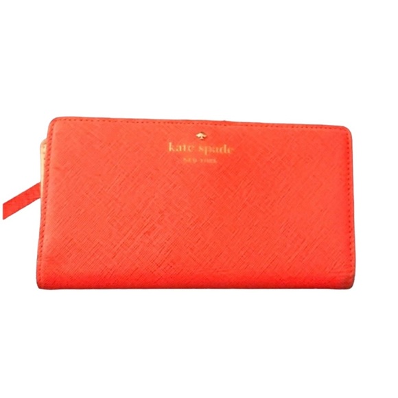 Kate Spade orange wristlet mobile case wallet genuine leather lots of slots - Picture 1 of 12